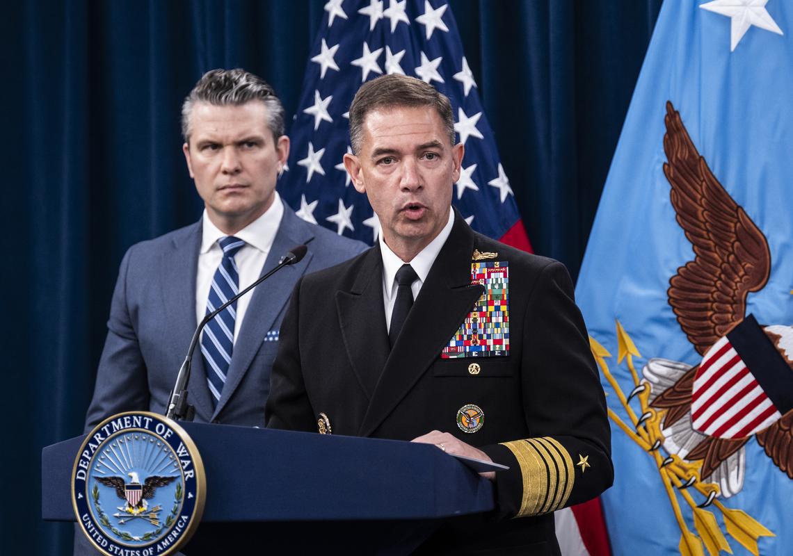 Secretary of Defense Pete Hegseth, left, listens as Adm. Brad Cooper, right, commander of the U.S. Central Command, provides updates on the war in Iran at the Pentagon in Arlington, Va., Thursday, April 16, 2026. (Pete Marovich/The New York Times)