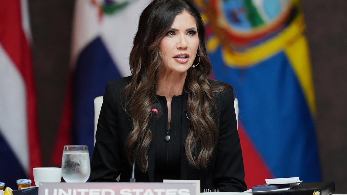 Kristi Noem delivers remarks at a working lunch at the Shield of the Americas Summit at Trump National Doral Miami, in Doral, Florida, U.S., March 7, 2026. Rebecca Blackwell/Pool via REUTERS