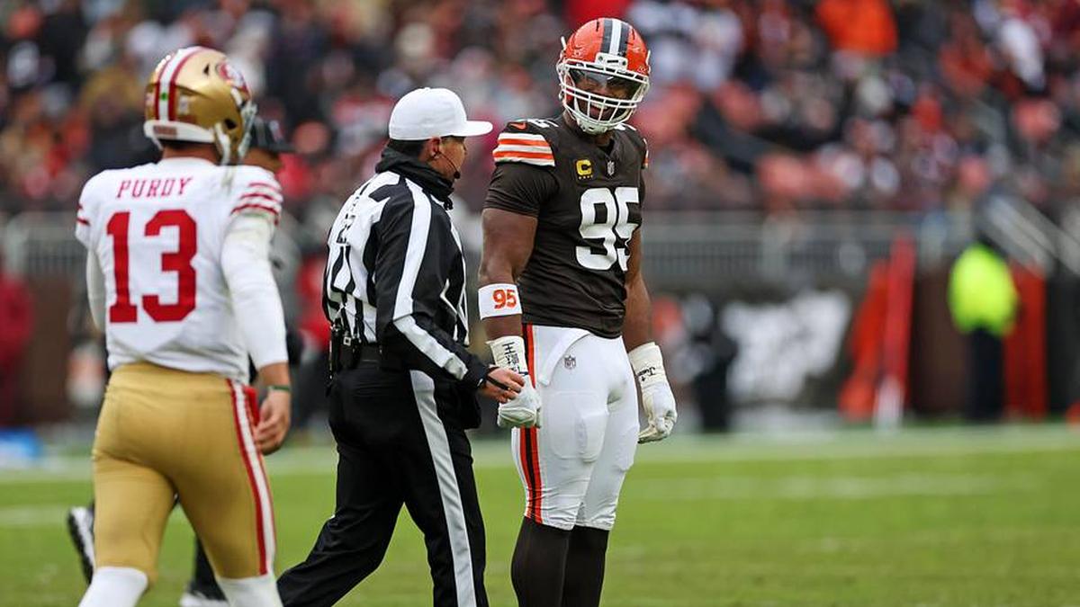  Nov 30, 2025; Cleveland, Ohio, USA; Cleveland Browns defensive end Myles Garrett (95) reacts after a play against San Francisco 49ers quarterback Brock Purdy (13) during the second half at Huntington Bank Field. Mandatory Credit: Scott Galvin-Imagn Images | Scott Galvin-Imagn Images 