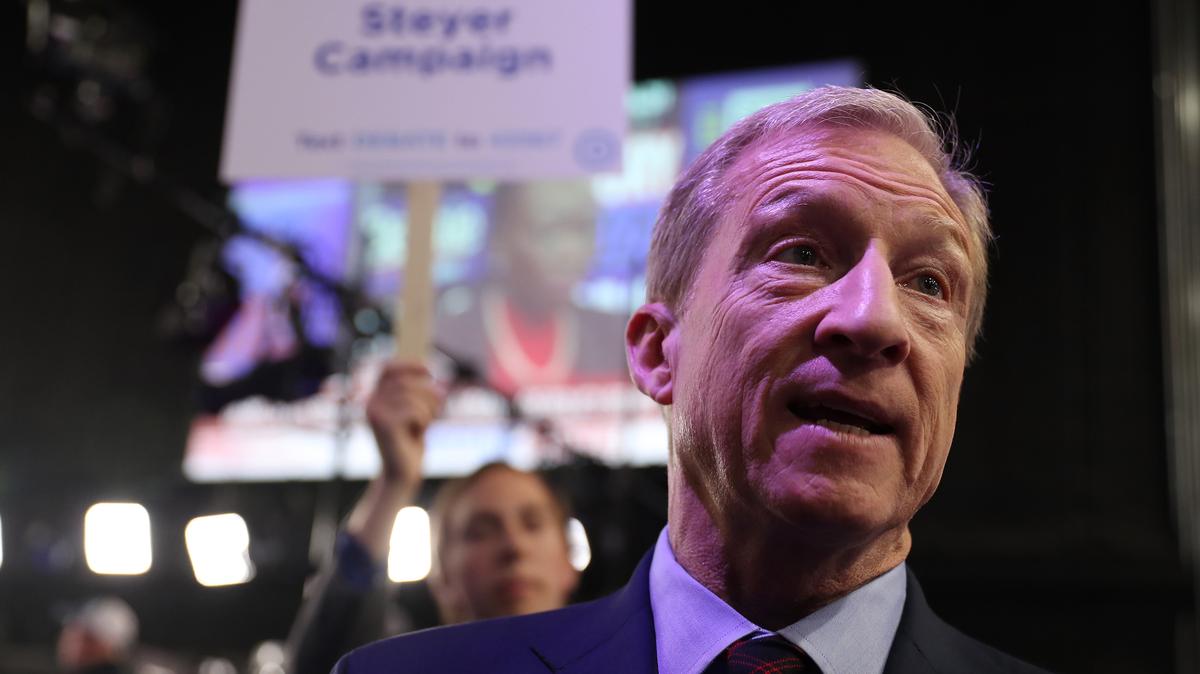 Tom Steyer speaks to the media after the Democratic Presidential Debate at Tyler Perry Studios on Nov. 20, 2019, in Atlanta. In 2026, a political influencer has filed a complaint against Steyer’s campaign for governor, saying the committee failed to notify her of disclosure requirements, as required by law, when she was paid to meet with Steyer in March and later produced social media content from the meeting.(Joe Raedle/Getty Images/TNS)