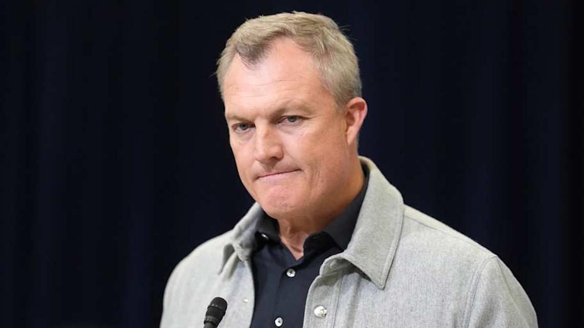  Feb 24, 2026; Indianapolis, IN, USA; San Francisco 49ers general manager John Lynch speaks at the NFL Scouting Combine at the Indiana Convention Center. Mandatory Credit: Kirby Lee-Imagn Images | Kirby Lee-Imagn Images 
