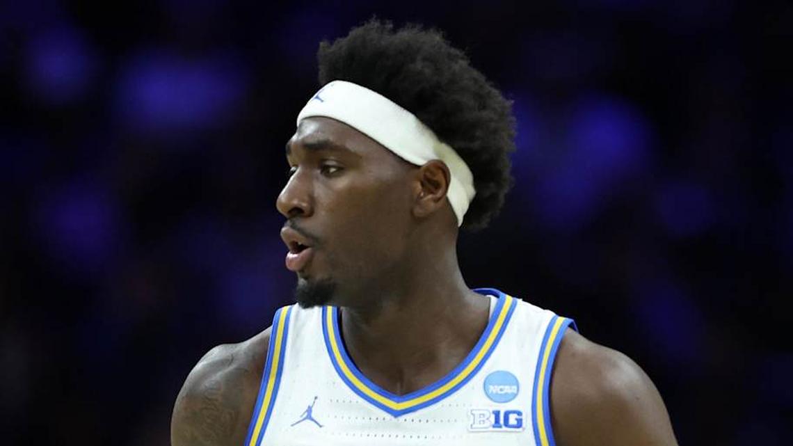  Mar 20, 2026; Philadelphia, PA, USA; UCLA Bruins forward Eric Dailey Jr. (3) reacts against the UCF Knights in the first half during a first round game of the men's 2026 NCAA Tournament at Xfinity Mobile Arena. Mandatory Credit: Bill Streicher-Imagn Images | Bill Streicher-Imagn Images 