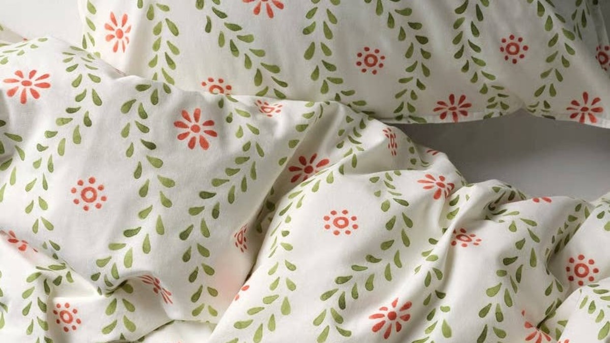 Closeup of floral bedding from IKEA.