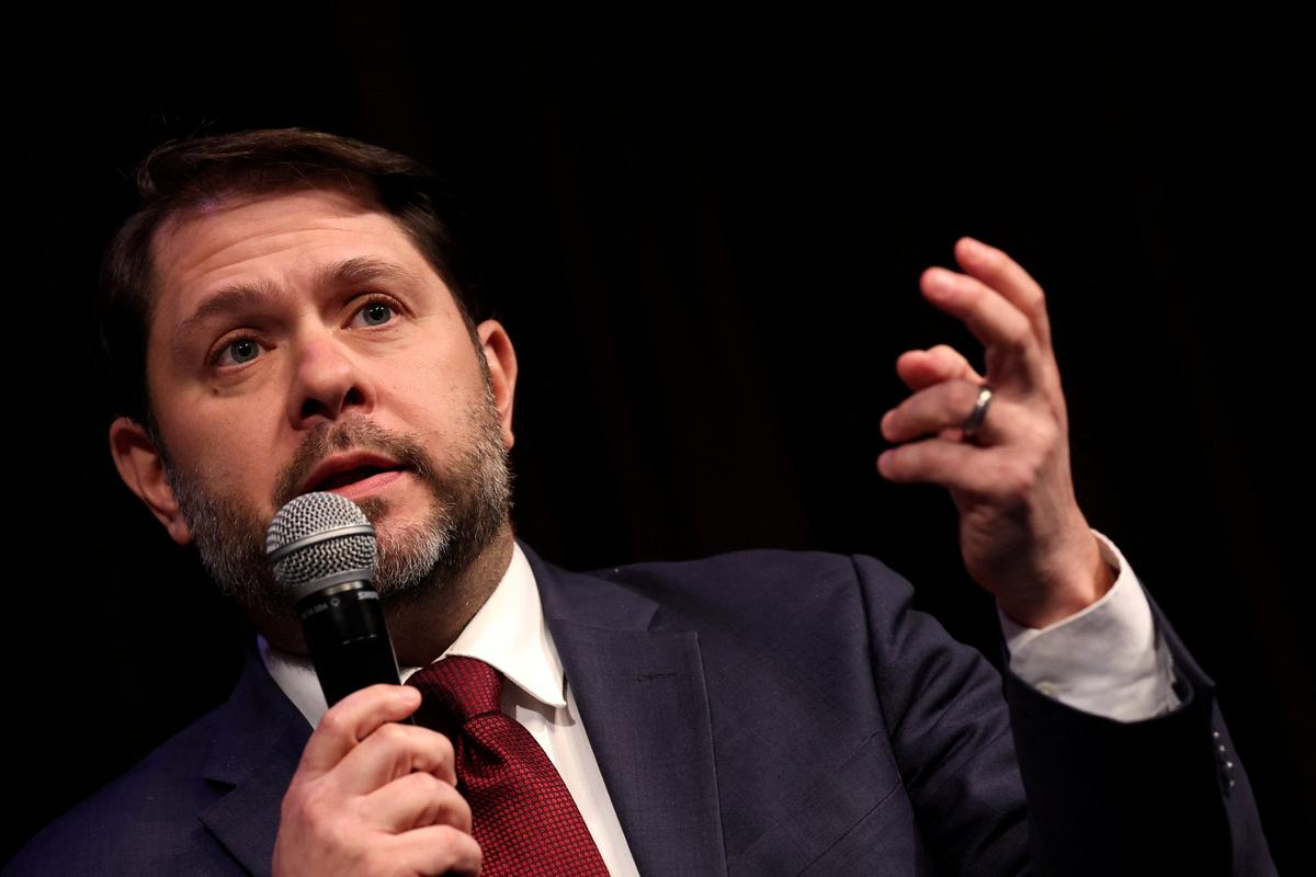 FILE PHOTO: U.S. Senator Ruben Gallego speaks during the National Action Network (NAN) National Convention in New York City, U.S., April 9, 2026. REUTERS/Brendan McDermid/File Photo