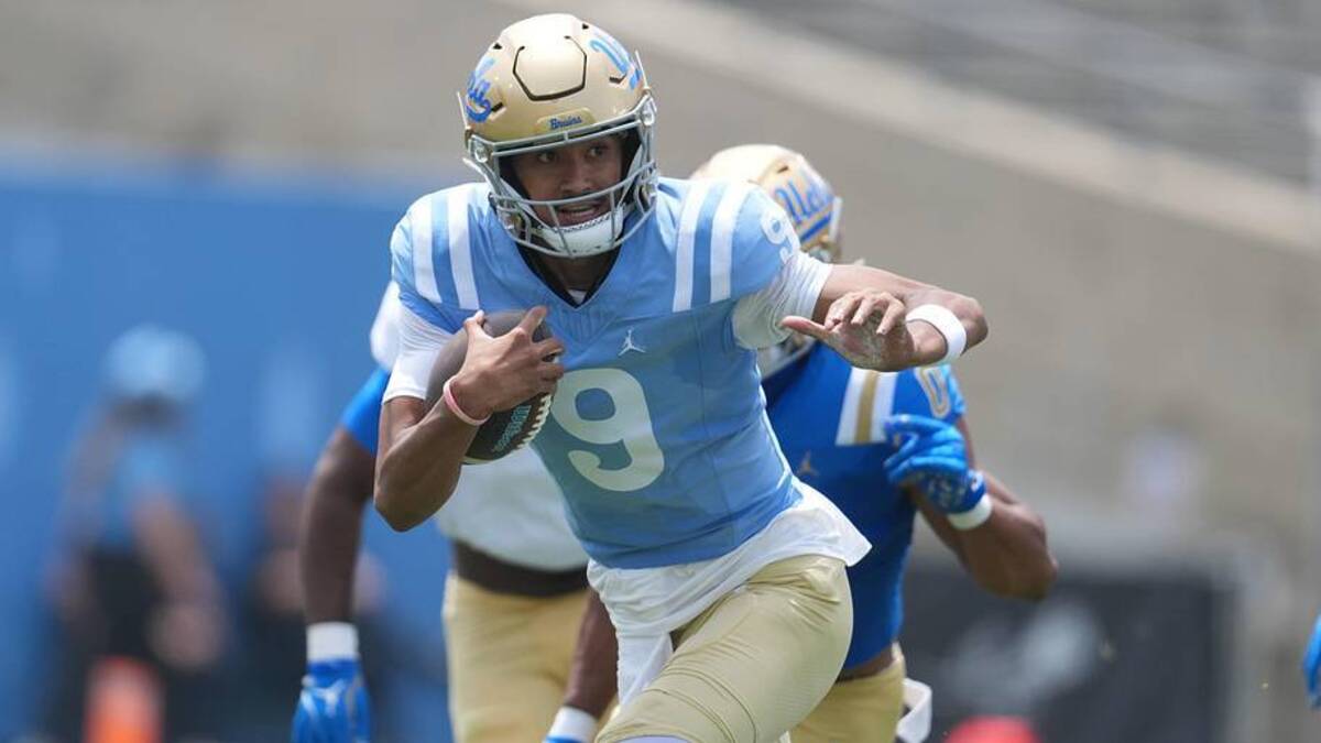  May 2, 2026; Pasadena, CA, USA; UCLA Bruins quarterback Nico Iamaleava (9) carries the ball during the spring game at Rose Bowl. Mandatory Credit: Kirby Lee-Imagn Images | Kirby Lee-Imagn Images 