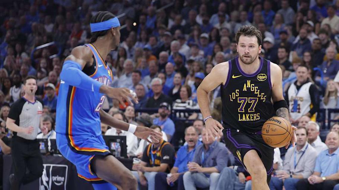  Apr 2, 2026; Oklahoma City, Oklahoma, USA; Los Angeles Lakers guard Luka Doncic (77) drives to the basket beside Oklahoma City Thunder guard Shai Gilgeous-Alexander (2) during the first quarter at Paycom Center. Mandatory Credit: Alonzo Adams-Imagn Images | Alonzo Adams-Imagn Images 