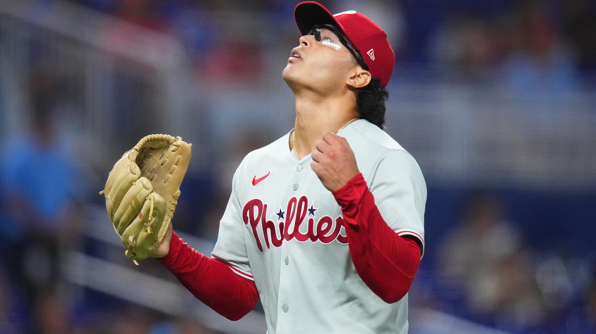 Jesus Luzardo of the Philadelphia Phillies reacts during the sixth inning against the Miami Marlins at loanDepot park on Saturday, Sept. 6, 2025, in Miami. (Rich Storry/Getty Images/TNS)