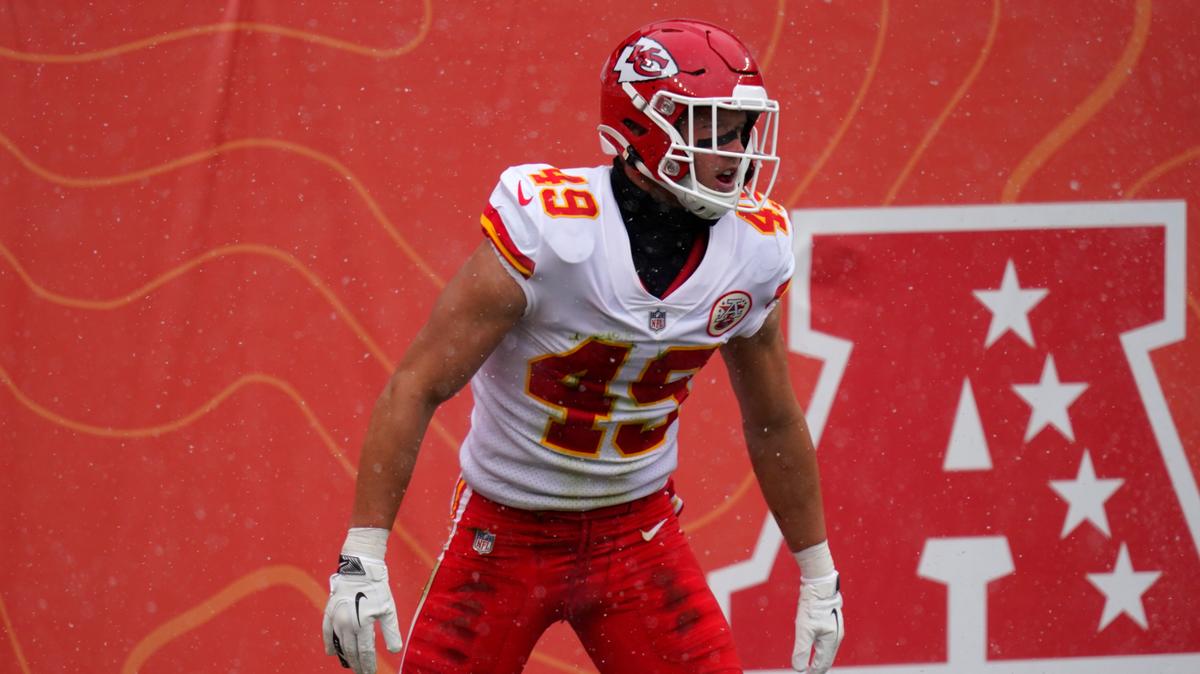 Kansas City Chiefs free safety Daniel Sorensen reacts after running an interception back for a touchdown during the first half of an NFL football game against the Denver Broncos, Sunday, Oct. 25, 2020, in Denver. (AP Photo/Jack Dempsey)
