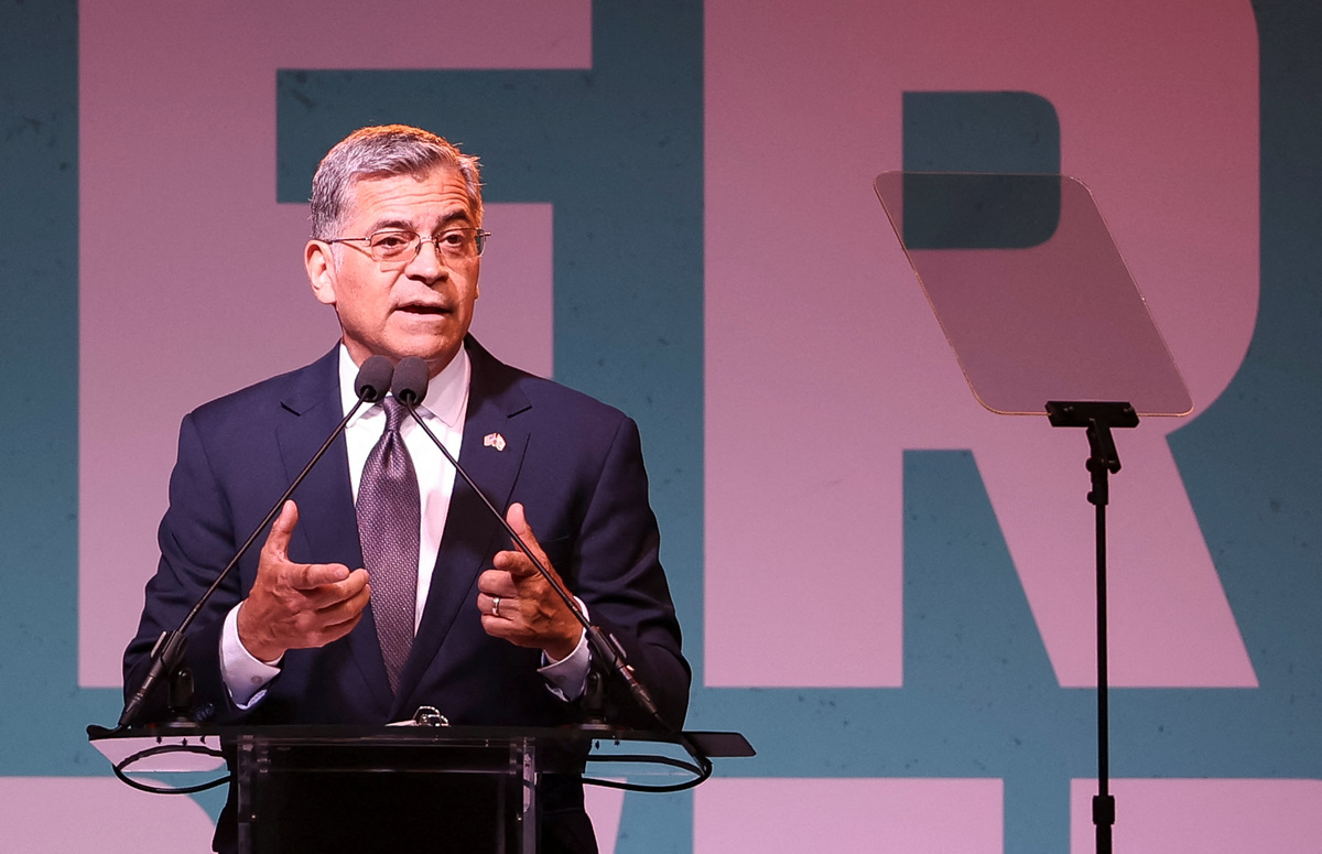 Democratic candidate Xavier Becerra speaks on election night for the 2026 California gubernatorial primary at his election night watch party, in Los Angeles, California, U.S. June 2, 2026.   REUTERS/Aude Guerrucci