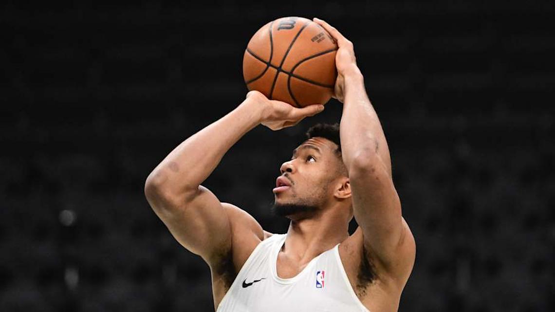  Mar 31, 2026; Milwaukee, Wisconsin, USA; Milwaukee Bucks forward Giannis Antetokounmpo (34) warms up before a game against the Dallas Mavericks at Fiserv Forum. Mandatory Credit: Benny Sieu-Imagn Images | Benny Sieu-Imagn Images 