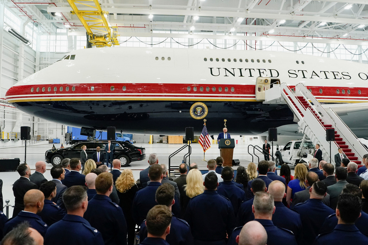U.S. President Donald Trump delivers a speech as he stands in front of the VC-25B aircraft gifted by Qatar that will be used as Air Force One, at Joint Base Andrews, Maryland, U.S., June 19, 2026. REUTERS/Elizabeth Frantz