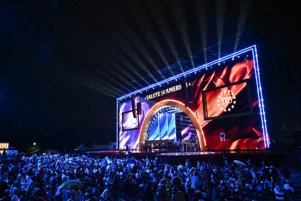  A view of the stage before US President Donald Trump delivers remarks during the “Salute to America” Independence Day celebration on the National Mall in Washington, DC, on July 4, 2026. 