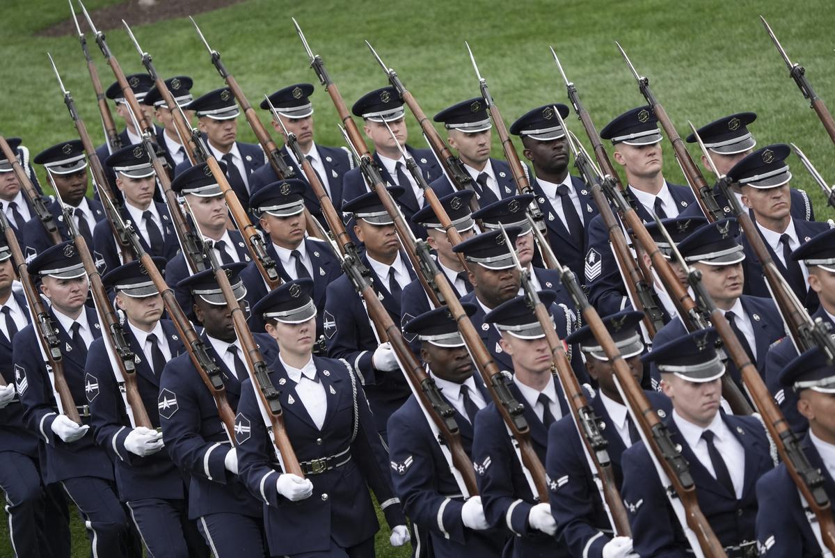 Members of the U.S. Space Force Honor Guard at an arrival ceremony for King Charles III and Queen Camilla on the South Lawn of the White House in Washington, on Tuesday, April 28, 2026. (Salwan Georges/The New York Times)