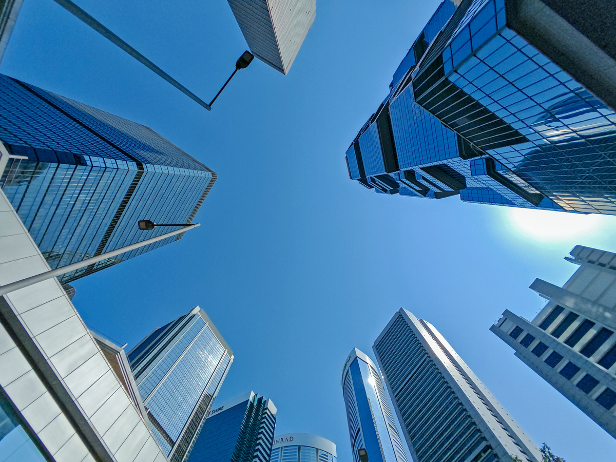  A low-angle view of skyscrapers in Hong Kong’s business district. 