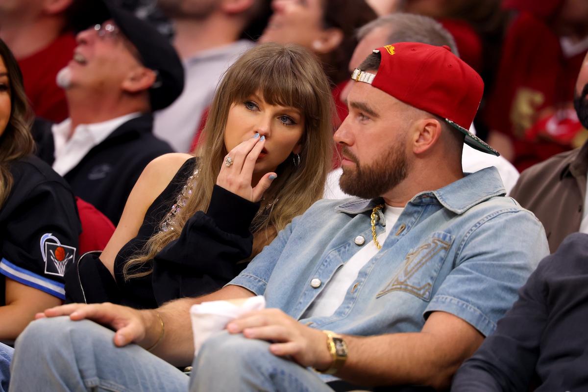 Taylor Swift and Travis Kelce attend Game 3 between the New York Knicks and the Cleveland Cavaliers.