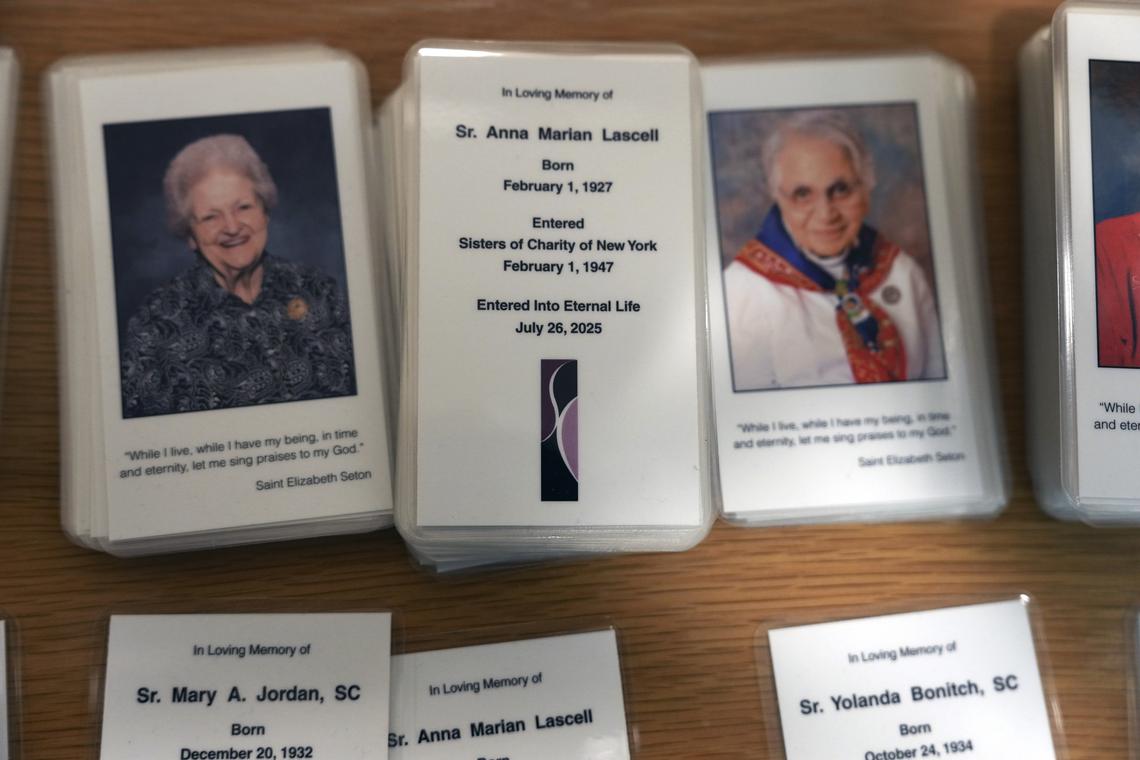 A memorial card for Sister Anna Lascell in New York on April 9, 2026. An influential order of nuns decided to complete its mission when the last sister dies. The only question left is how to finish well. (Michelle V. Agins/The New York Times)