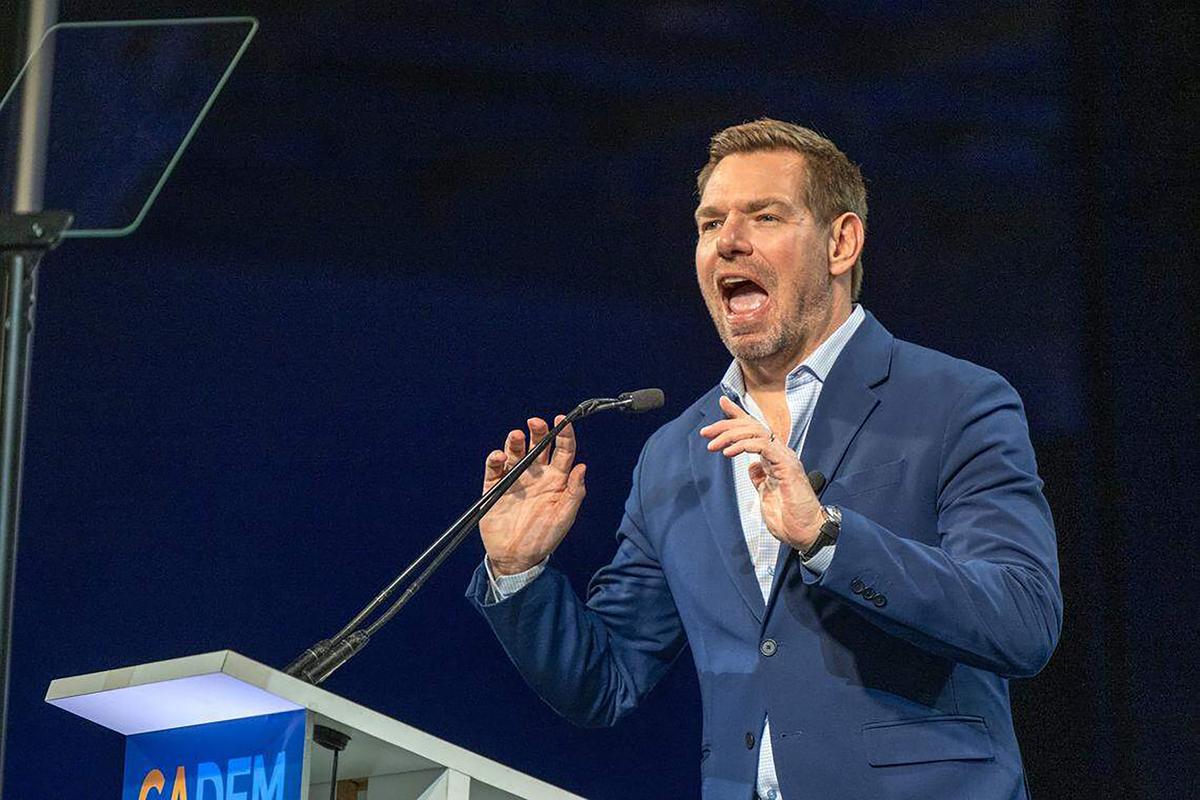 Rep. Eric Swalwell, D-Calif., makes his pitch to become the next California governor at the California Democratic Party state convention last month in San Francisco. Swalwell has rejected claims put forward by rival candidate Tom Steyer that he's not a California resident.