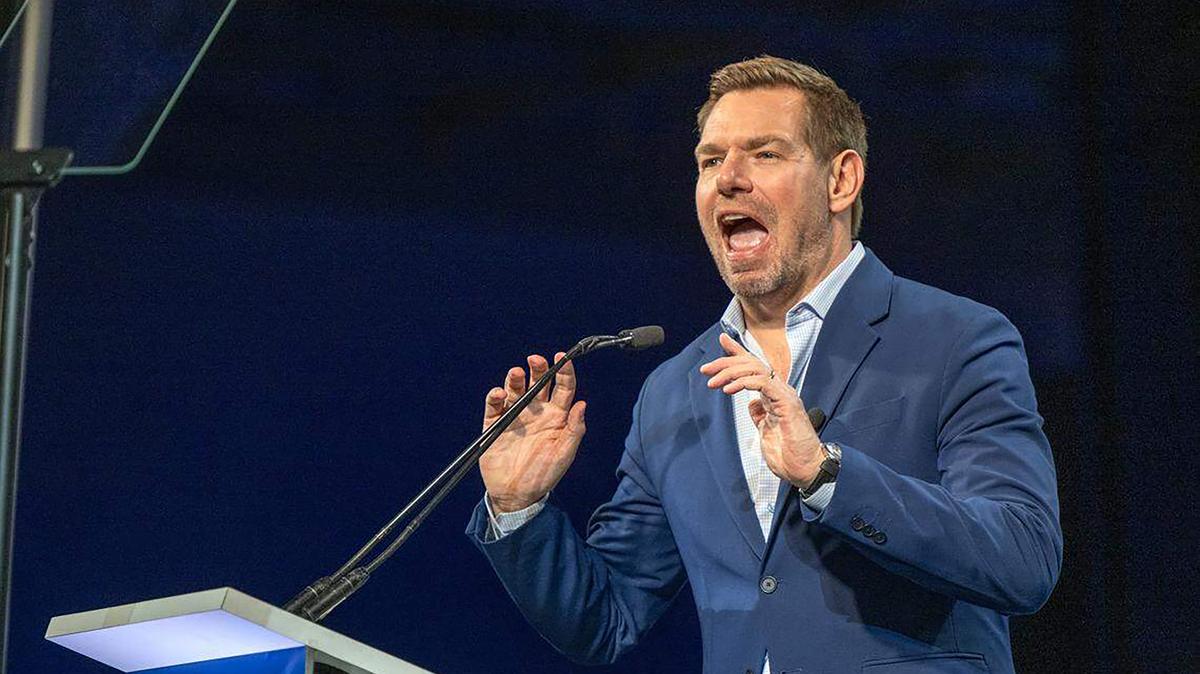 Rep. Eric Swalwell, D-Calif., makes his pitch to become the next California governor at the California Democratic Party state convention  in San Francisco. 