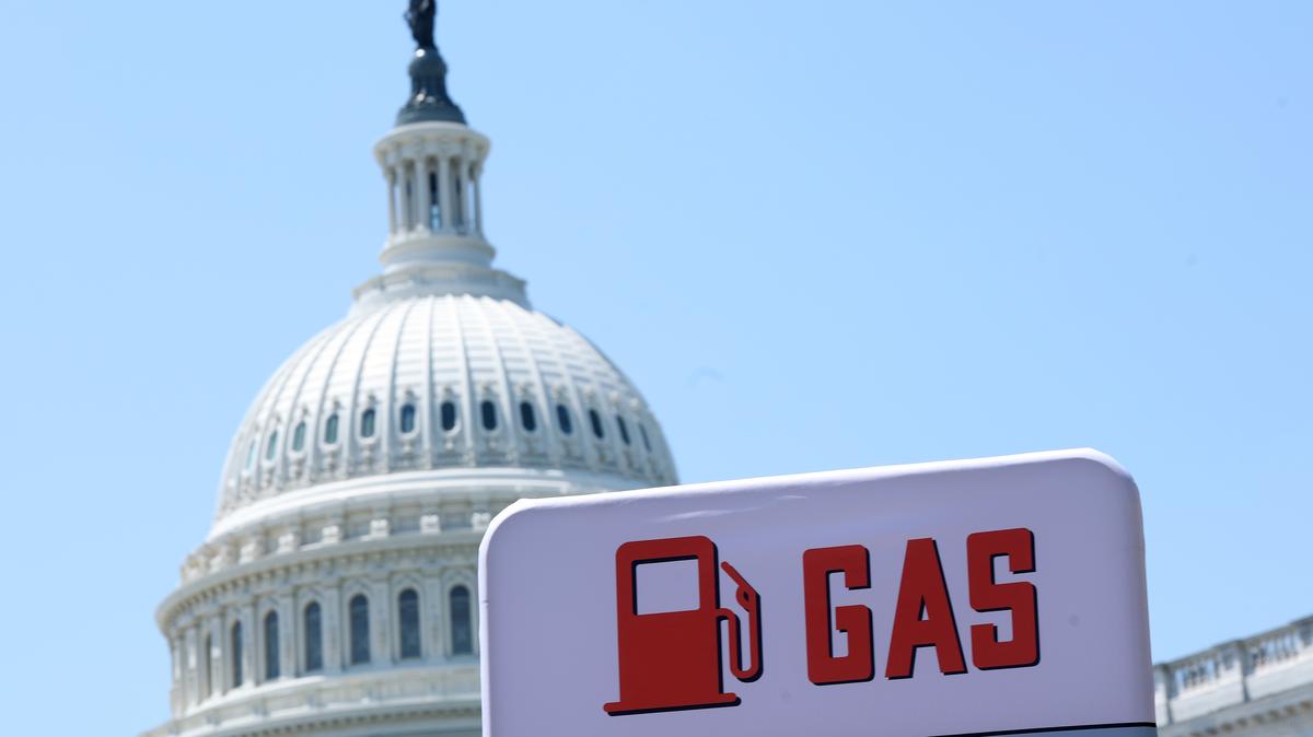 Senate Dems Speak Out Against War In Iran. A sign protesting the Iran war and its impact on gas prices is seen during a protest organized by VoteVets outside of the U.S. Capitol on May 20, 2026 in Washington, D.C. 
