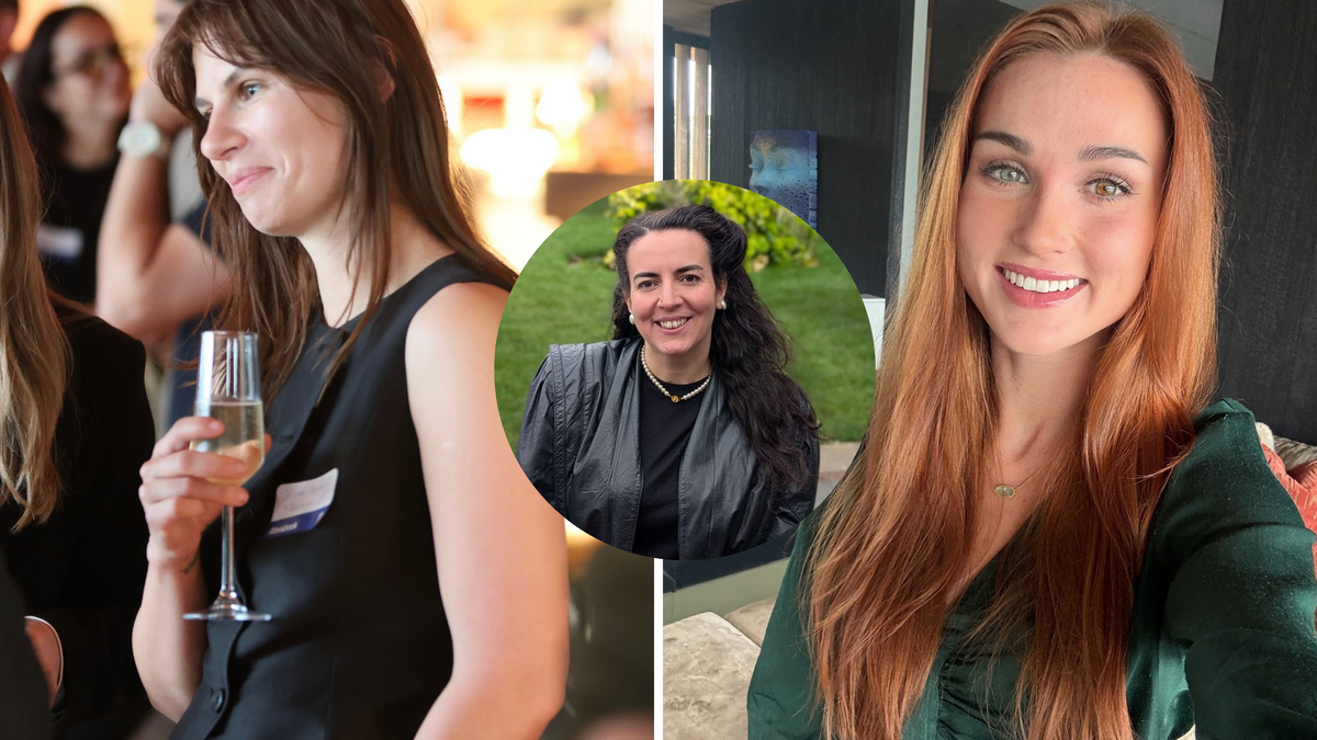 Jelena Skene holding a glass of prosecco (left), Zakia Moulaoui Guery smiling outside (middle) Jessica Strickland smiling at the camera (right).