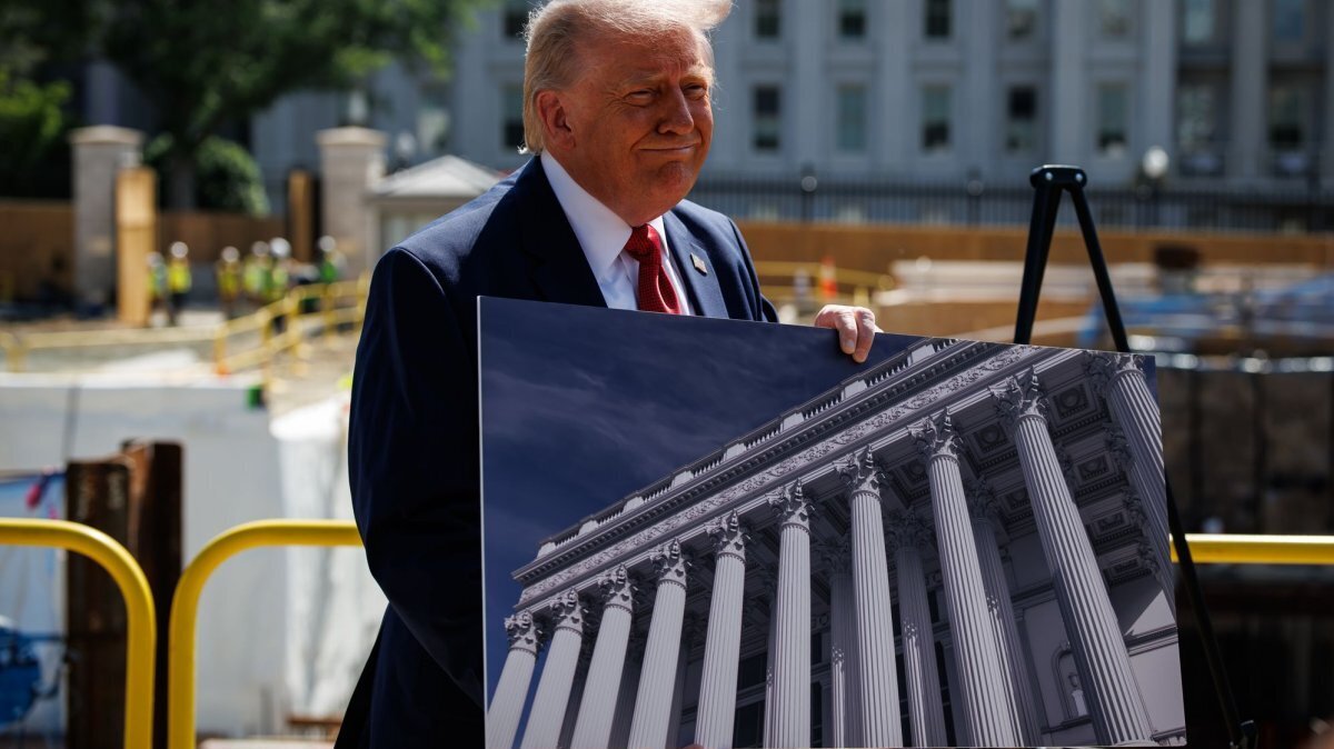 President Donald Trump speaks to the press about the new East Wing next to the construction site at the White House on May 19. 
An appeals court will hear arguments today about why the project should be allowed to proceed. Photo by Samuel Corum/UPI