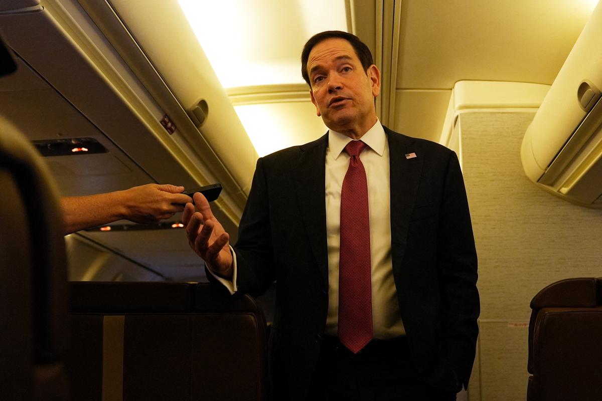 U.S. Secretary of State Marco Rubio speaks to reporters on board his plane at Jaipur International Airport in Jaipur, India, Tuesday, May 26, 2026.     Julia Demaree Nikhinson/Pool via REUTERS