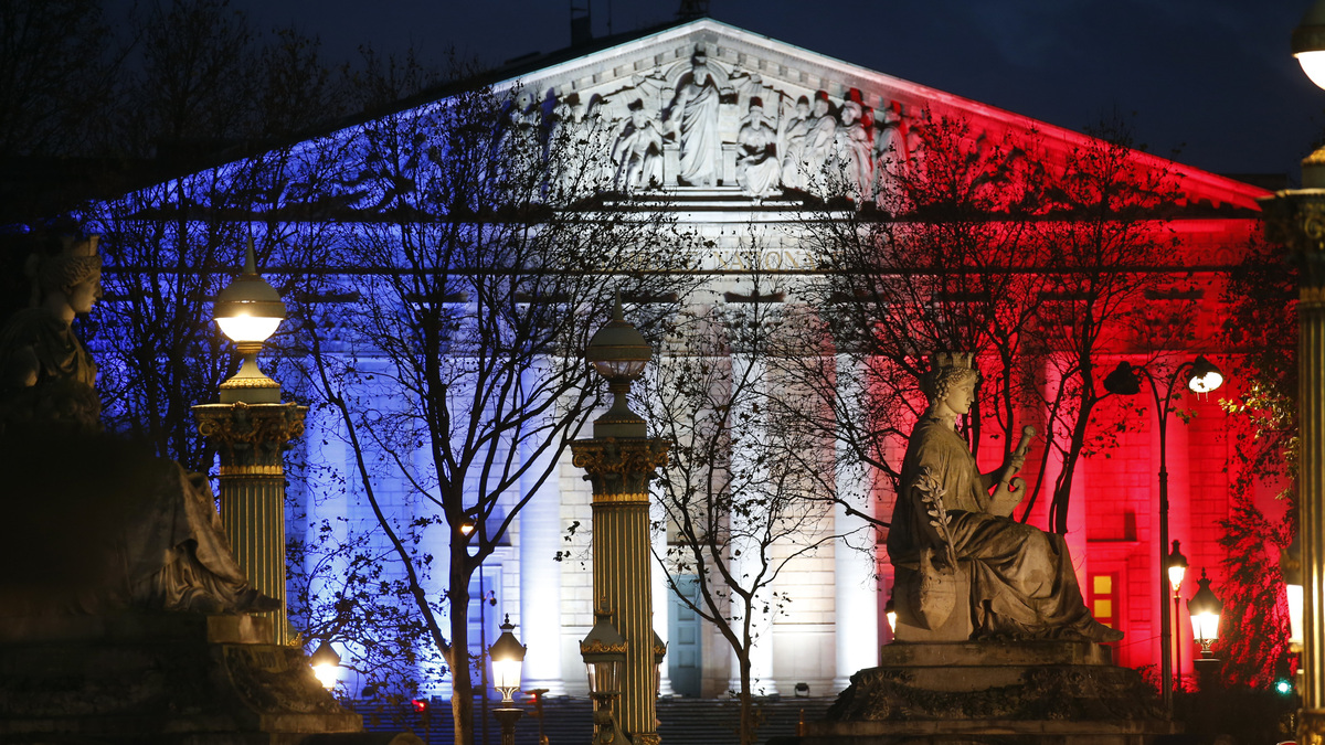 The National Assembly is lit with the blue, white and red colours of the French flag in Paris, France, November 19, 2015, to pay tribute to the victims of a series of deadly attacks on last Friday in the French capital.    REUTERS/Charles Platiau
