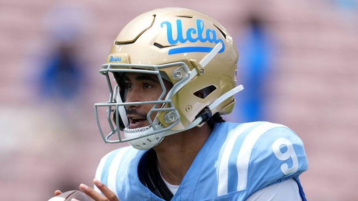  May 2, 2026; Pasadena, CA, USA; UCLA Bruins quarterback Nico Iamaleava (9) throws the ball during the spring game at Rose Bowl. Mandatory Credit: Kirby Lee-Imagn Images | Kirby Lee-Imagn Images 