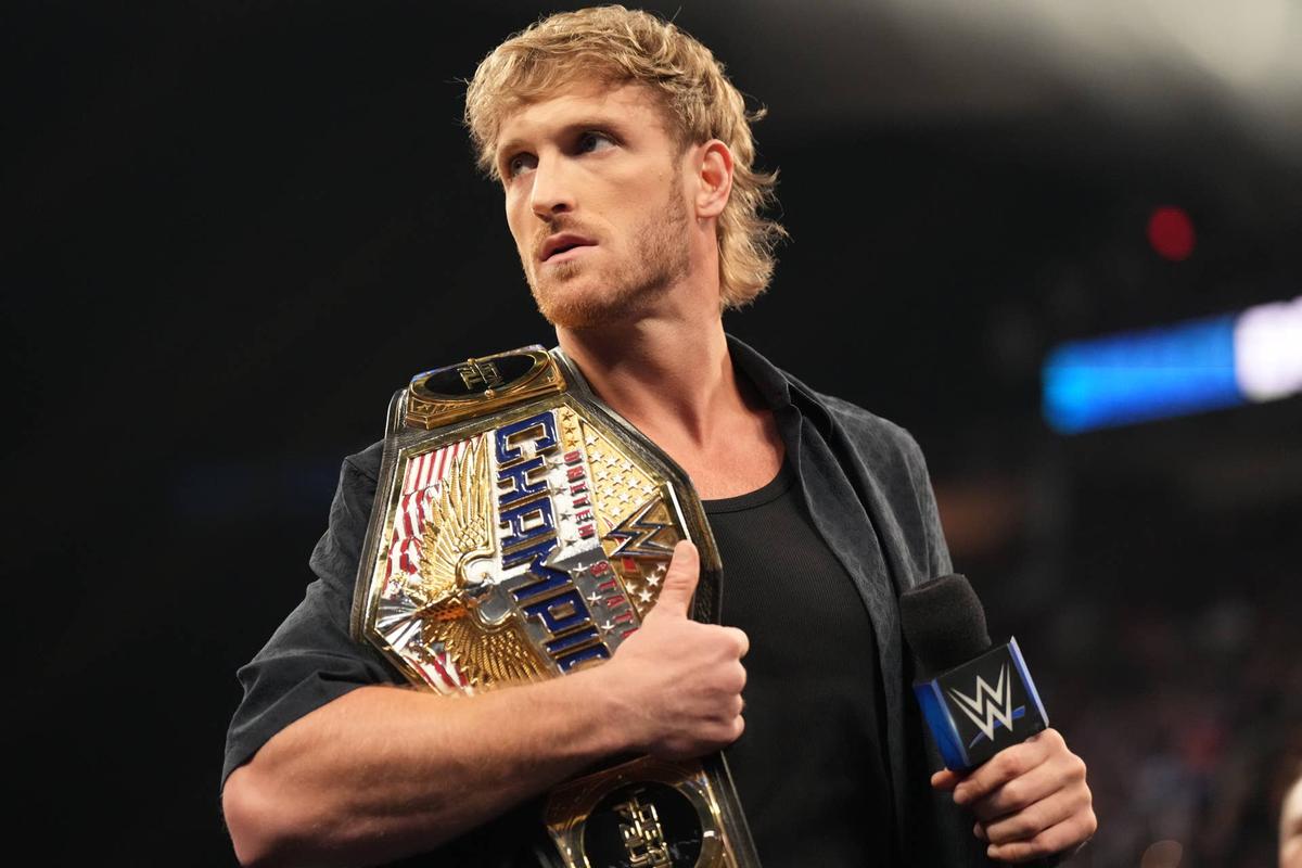  CLEVELAND, OHIO - AUGUST 2: United States Champion Logan Paul addresses the crowd during SmackDown at Rocket Mortgage FieldHouse on August 2, 2024 in Cleveland, Ohio. (Photo by WWE/Getty Images) 