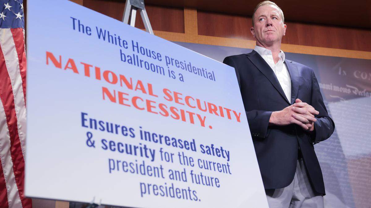 U.S. Sen. Eric Schmitt (R-MO) looks on during a press conference at the U.S. Capitol on April 27 in Washington, D.C. Republican senators gathered to introduce legislation to fund construction of a White House ballroom as a secure alternative event space following the April 25 shooting at the White House Correspondents’ Association dinner in Washington, D.C.