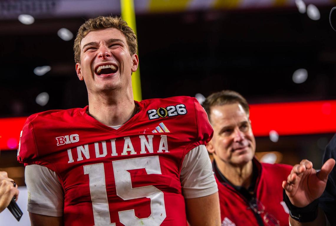  Indiana's Fernando Mendoza (15) smiles as he celebrates after the College Football Playoff National Championship college football game at Hard Rock Stadium in Miami Gardens on Monday, Jan. 19, 2026. 