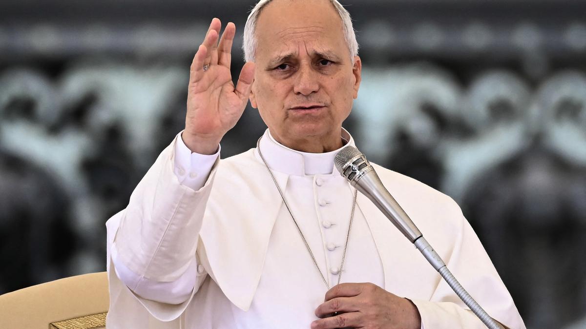 Pope Leo XIV gestures as he delivers his speech during his weekly general audience in St. Peter's Square at The Vatican on June 3, 2026.