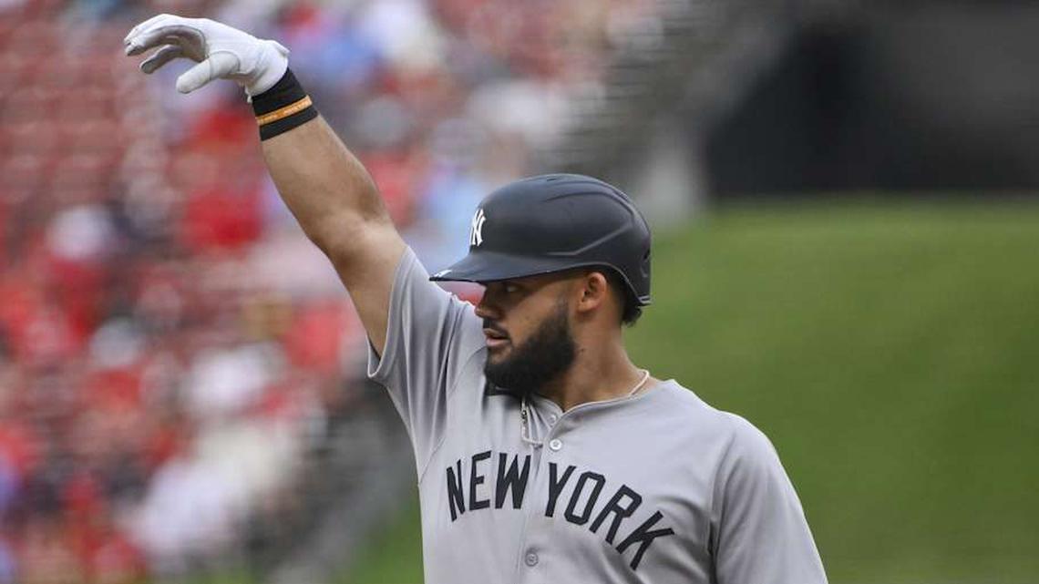  Aug 16, 2025; St. Louis, Missouri, USA; New York Yankees left fielder Jasson Dominguez (24) reacts after hitting a one run single against the St. Louis Cardinals during the first inning at Busch Stadium. | Jeff Curry-Imagn Images 