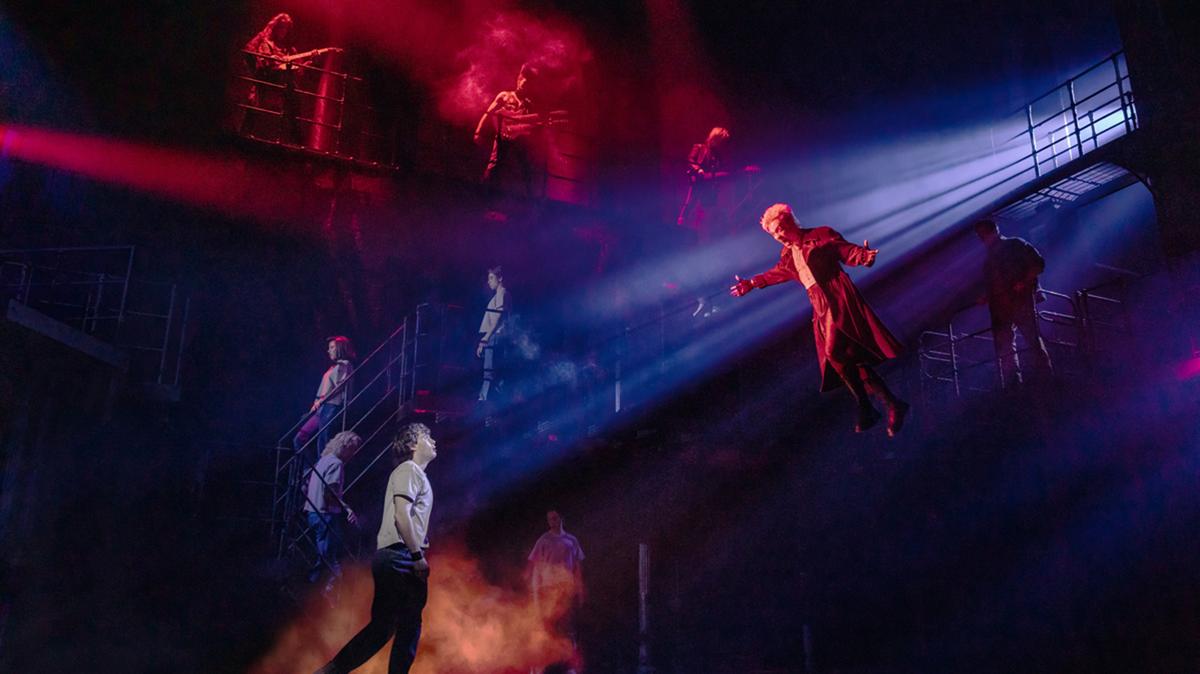 LJ Benet, Ali Louis Bourzgui and company in “The Lost Boys” on Broadway at the Palace Theatre in New York. (Matthew Murphy/Broadway/TNS)