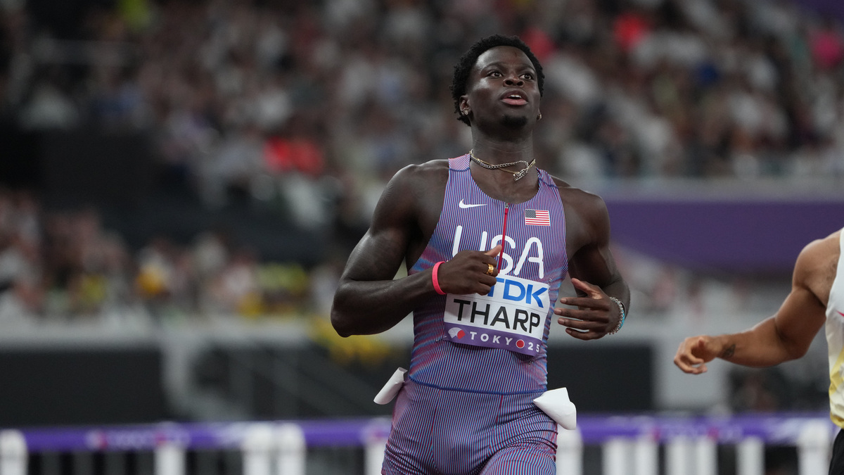 Sep 15, 2025; Tokyo, Japan; Ja'Kobe Tharp (USA) during a heat of the mens 110m hurdles during World Athletics Championships at National Stadium. Mandatory Credit: Kirby Lee-Imagn Images