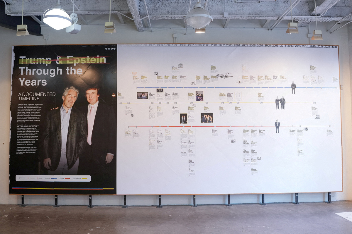 FILE PHOTO: A display of a timeline of the relationship between Donald Trump and Jeffrey Epstein at the Donald J. Trump and Jeffrey Epstein Memorial Reading Room in Washington, D.C., U.S., June 9, 2026. According to the Institute for Primary Facts, which is responsible for the exhibition, the installation features roughly 3.5 million pages of documents released by the Justice Department and aims to visually convey the scope of the investigation into convicted sex offender Jeffrey Epstein. REUTERS/Eric Lee/File Photo