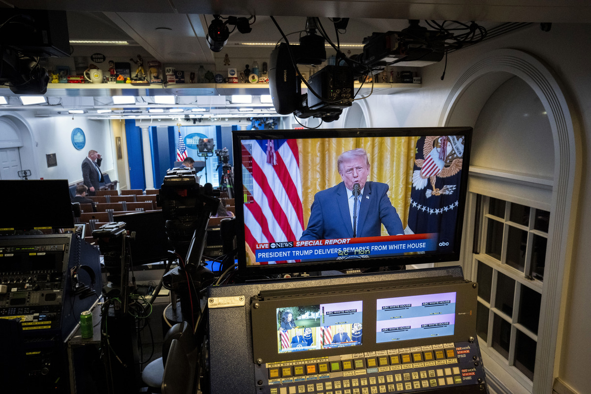 Video monitors in the White House briefing room in Washington carry a live feed of President Donald Trump as he addresses the nation on Thursday, July, 16, 2026. China on Friday rejected Trump's claim that it had meddled in American elections as baseless. But its response was relatively restrained. (Doug Mills/The New York Times)