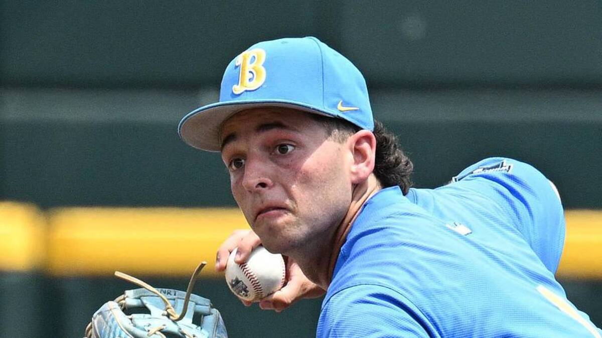  Jun 14, 2025; Omaha, Neb, USA; UCLA Bruins shortstop Roch Cholowsky (1) completes a double play against the Murray State Racers during the second inning at Charles Schwab Field. Mandatory Credit: Steven Branscombe-Imagn Images | Steven Branscombe-Imagn Images 