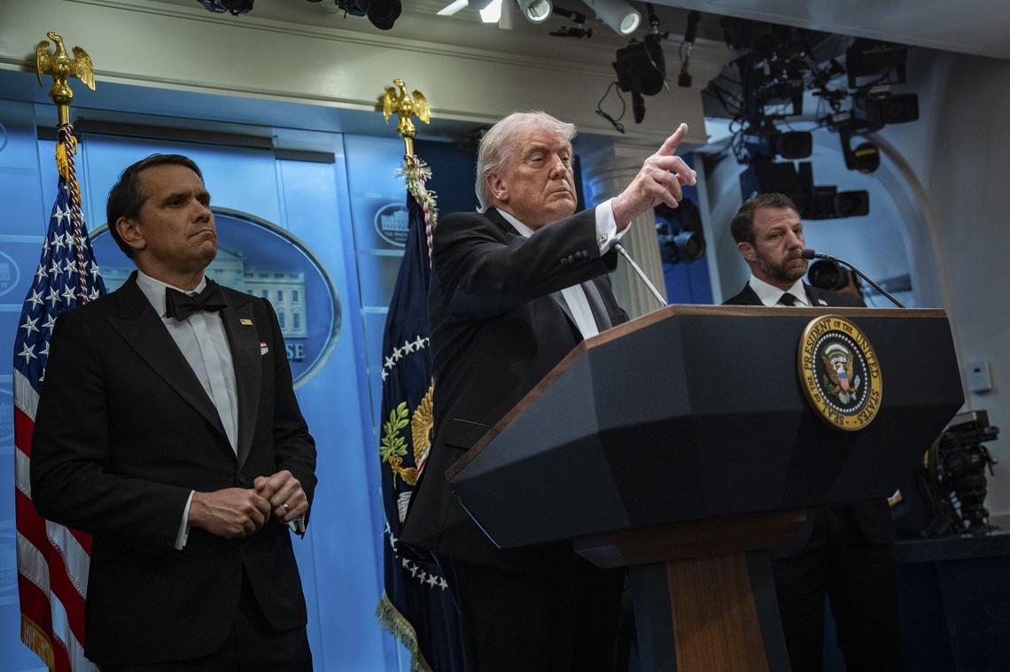 President Donald Trump briefs reporters at the White House after shots were fired during the White House Correspondents' Association dinner at the Washington Hilton in Washington, April 25, 2026. Todd Blanche, the acting attorney general, said President Trump was "likely" a target, along with other members of the administration. But he cautioned that the investigation was in its early stages. (Salwan Georges/The New York Times)