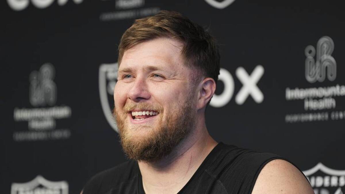  May 20, 2026; Henderson, NV, USA; Las Vegas Raiders offensive tackle Kolton Miller (74) speaks during a news conference during organized team activities at Intermountain Health Performance Center. Mandatory Credit: Candice Ward-Imagn Images | Candice Ward-Imagn Images 