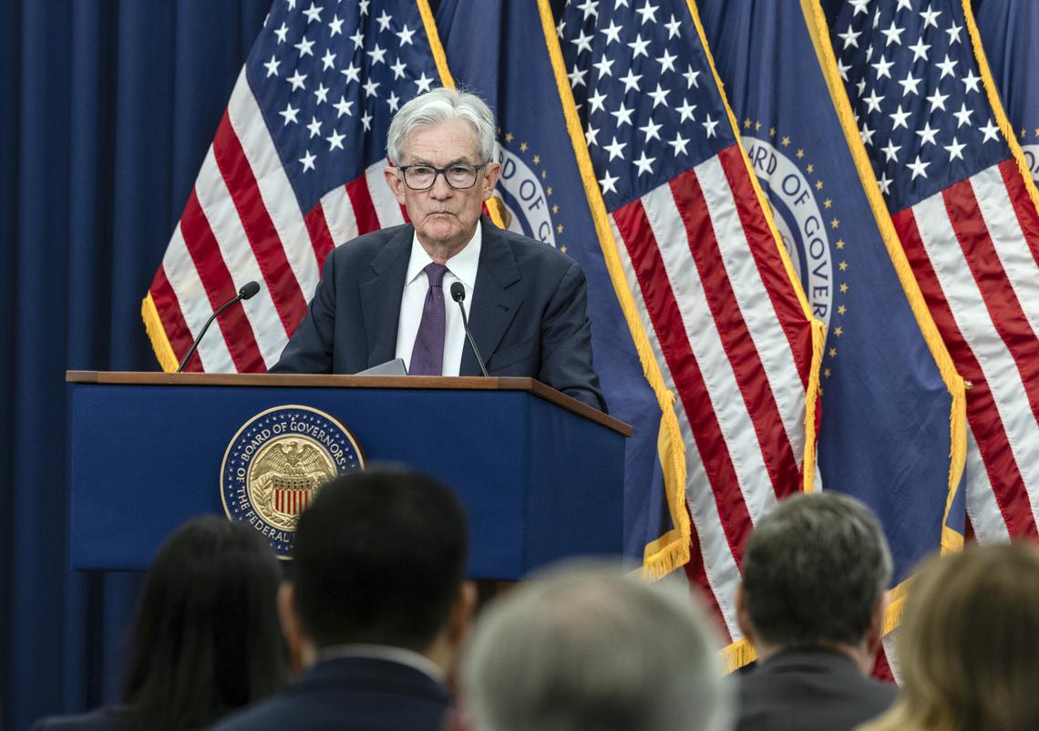 Jerome Powell, the Federal Reserve chairman, speaks at a news conference at the Federal Reserve in Washington, on Wednesday, April 29, 2026. Powell, whose term as chair expires next month, said he would stay on as a governor "for a period of time." (Anna Rose Layden/The New York Times)