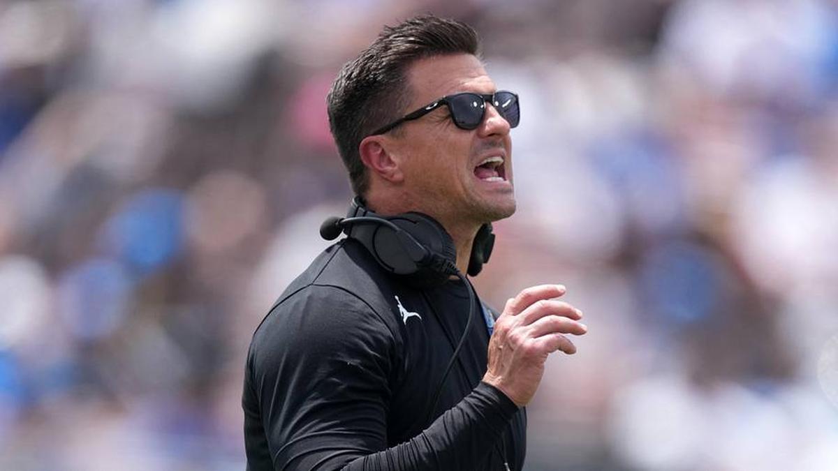  May 2, 2026; Pasadena, CA, USA; UCLA Bruins coach Bob Chesney reacts during the spring game at Rose Bowl. Mandatory Credit: Kirby Lee-Imagn Images | Kirby Lee-Imagn Images 