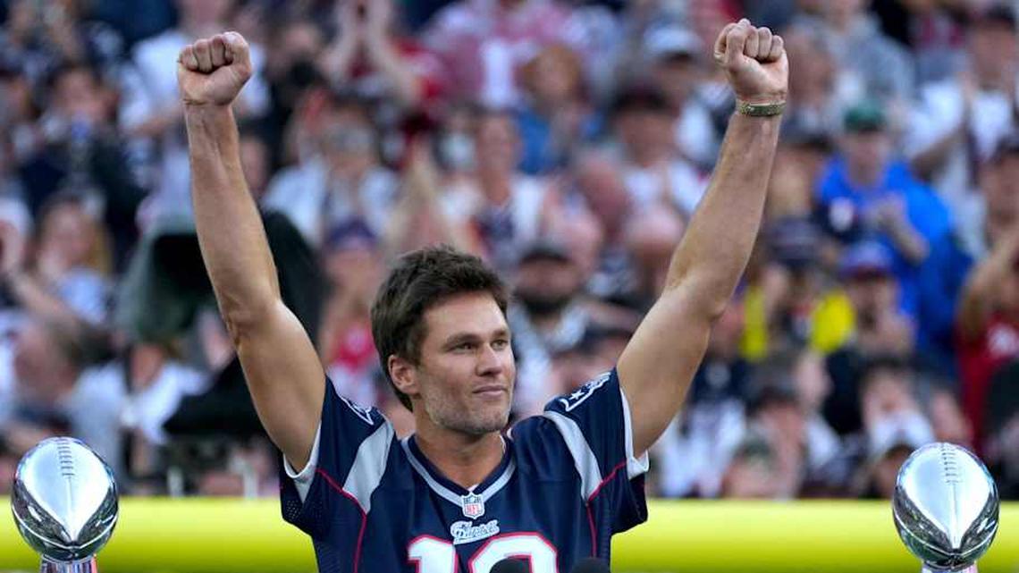  Tom Brady acknowledges his fans during a halftime celebration and the announcement of his induction in the the Patriots Hall of Fame. The New England Patriots host the Philadelphia Eagles in their home opener at Gillette Stadium on Sept 10, 2023. [The Providence Journal / Kris Craig] | Kris Craig / USA TODAY NETWORK via Imagn Images 