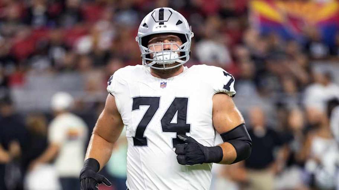  Aug 23, 2025; Glendale, Arizona, USA; Las Vegas Raiders tackle Kolton Miller (74) against the Arizona Cardinals during a preseason NFL game at State Farm Stadium. Mandatory Credit: Mark J. Rebilas-Imagn Images | Mark J. Rebilas-Imagn Images 