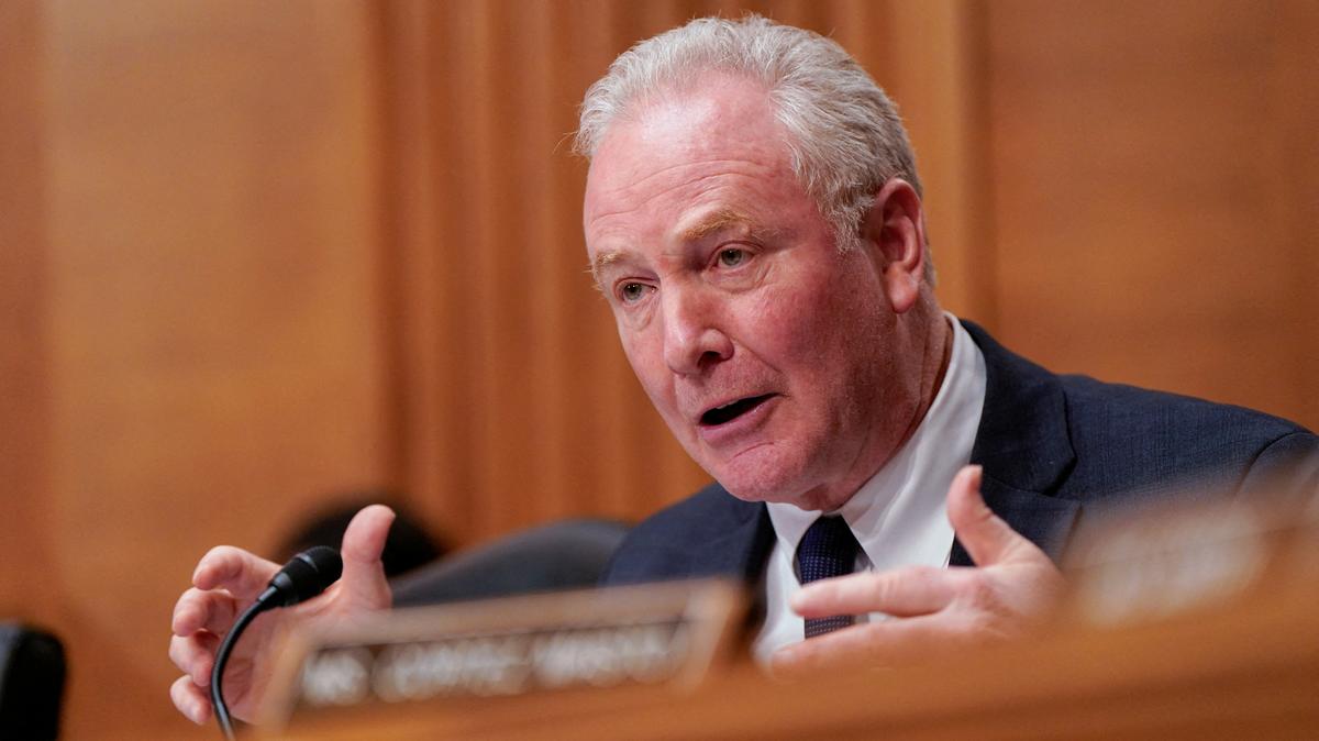 FILE PHOTO: U.S. Senator Chris Van Hollen (D-MD) speaks, as Kevin Warsh, (not pictured) U.S. President Donald Trump's nominee to be next chair of the Federal Reserve, attends a Senate Banking Committee confirmation hearing to testify, on Capitol Hill in Washington, D.C., U.S., April 21, 2026. REUTERS/Elizabeth Frantz/File Photo