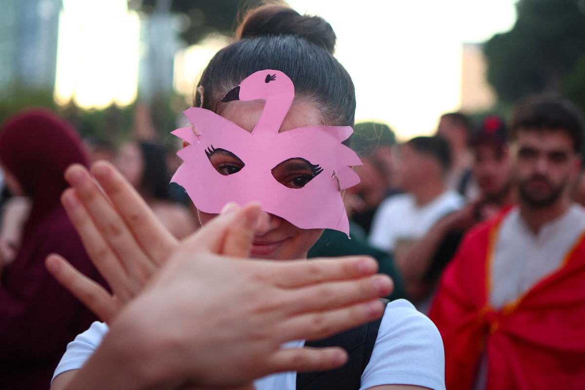 People take part in a protest against a luxury resort, a plan by a company linked to U.S. President Donald Trump's son-in-law, Jared Kushner, on an environmentally sensitive part of the Adriatic coast, in Tirana, Albania, June 10, 2026. REUTERS/Florion Goga