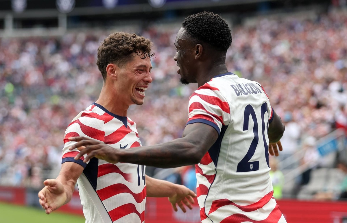 Folarin Balogun #20 of United States celebrates with Sebastian Berhalter #14 of United States after scoring a goal during the second half of the international friendly match between United States and Senegal at Bank of America Stadium on May 31, 2026 in Charlotte, North Carolina. (Photo by Cory Knowlton/ISI Photos/ISI Photos via Getty Images) Photo by Cory Knowlton/ISI Photos/ISI Photos via Getty Images