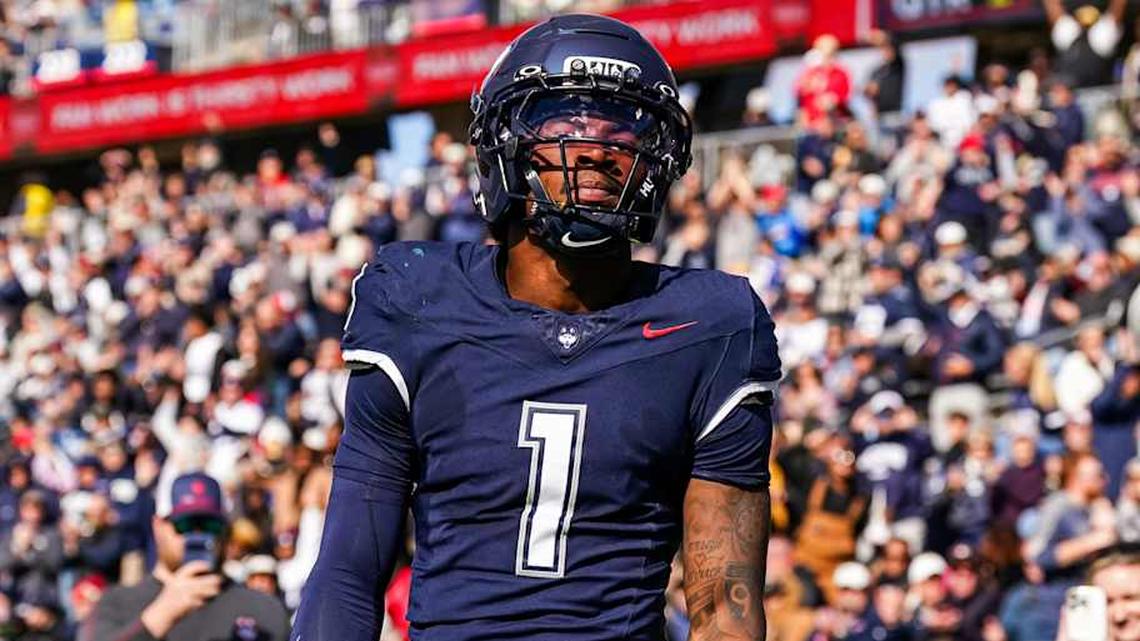  Nov 1, 2025; East Hartford, Connecticut, USA; UConn Huskies wide receiver Skyler Bell (1) reacts after his touchdown against the UAB Blazers in the second quarter at Pratt & Whitney Stadium at Rentschler Field. Mandatory Credit: David Butler II-Imagn Images | David Butler II-Imagn Images 