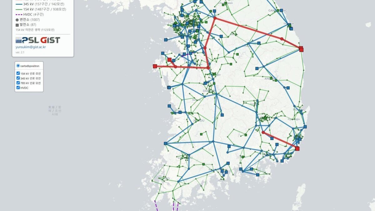 A single-line diagram shows the GIST 2217-Bus Test System, an open simulation model of South Korea’s national power grid. Courtesy of Gwangju Institute of Science and Technology
                                            