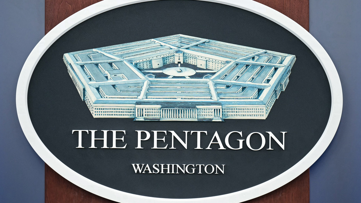 The Pentagon seal is seen in the briefing room at the Pentagon in Washington, D.C., on March 31, 2026.  (Oliver Contreras/AFP/Getty Images/TNS)